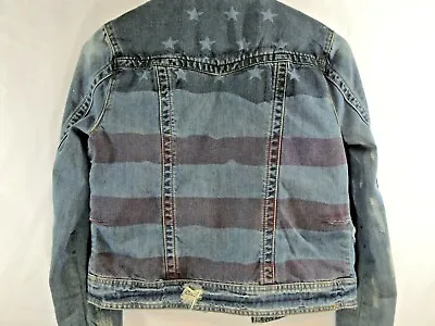 Buy Denim Jacket BUCKLE BKE XS Destroyed Stars Stripes Med Wash Fade Button Jean • 23.73£