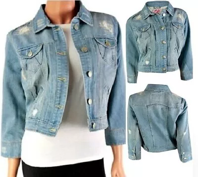 Buy Womens Ladies Cropped Denim Jean Jacket Ladies Stretch Soft Ripped Distressed • 14.95£