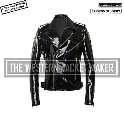 Buy Men Vinyl Biker Jacket Men Latex Motorcycle Jacket Black Patent Leather Jacket • 111.17£