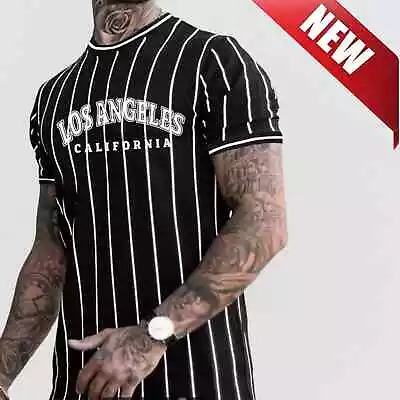 Buy New Mens Black/White Pinstripe T-Shirt.Los Angeles/California Logo.Size XL • 9.99£