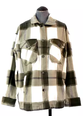 Buy Mens Overshirt Jacket Flannel Checked Olive Utility Pockets Oversized Size S • 7.99£