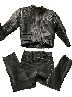 Buy NWOT Black Leather Biker Suit Jacket Size 4 XL Trousers 1 XL Baby Biker RRP £799 • 399.99£