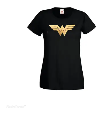 Buy Wonder Woman Black / Gold Logo T-Shirt Gold Women's Ladies Adults Costume Top • 10.49£