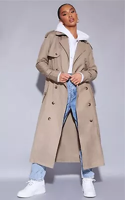 Buy Women Stone Belted Long Length Classic Double Breasted Trench Coat. UK S M L XL • 65.99£