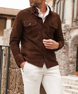 Buy Mens Brown Suede Shirt Leather Trucker Jacket Custom Made Size S M L XL 2XL 3XL • 144.59£