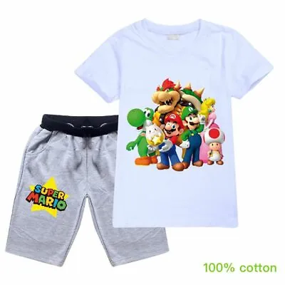 Buy 2021 Super Mario Cotton 100% Boy Kid Short Sleeve T-shirt+Pant Clothing Set Gift • 14.55£