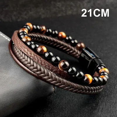 Buy Mens Leather Bracelet Braided Leather With Stainless Steel Clasp Brown Jewellery • 4.89£