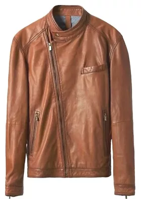 Buy Massimo Dutti Mens Leather Jacket Tan Brown Biker Moto Bomber Sz L Asymmetric • 54.99£