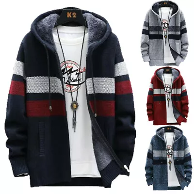 Buy Mens Hoodie Fleece Lined Knitted Cardigan Winter Zip Up Thick Thermal Jumper Top • 23.95£