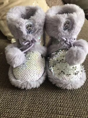 Buy New: Girls Sequined Slipper Boot Age 9-10 From Disney Store  Frozen Pale Lilac • 3.99£