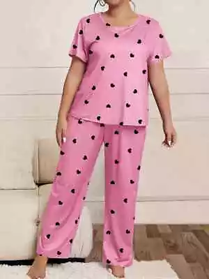 Buy Pyjama Set Plus 20 22 24 26 Ladies Pink Black Heart Stretch Loungewear Comfort • 11.50£