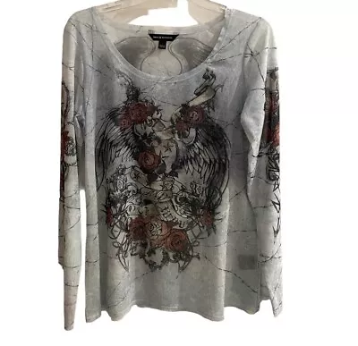 Buy Rock & Republic Sheer Roses Wings Long Sleeve Shirt  Women's Size L Gray Mesh • 15.12£