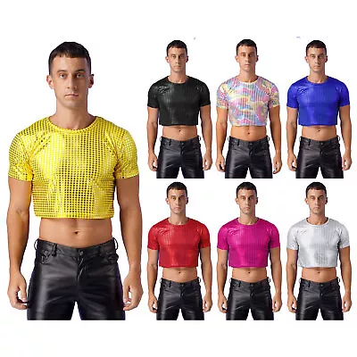 Buy Mens Shiny Fahsion Shirt Glitter Crop Top T-shirt Costume Party Tee Sequins • 15.59£