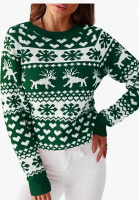 Buy Women's Christmas Xmas Jumper Sweater Reindeer Snowflake Green Crew Knit UK 12 • 10.99£