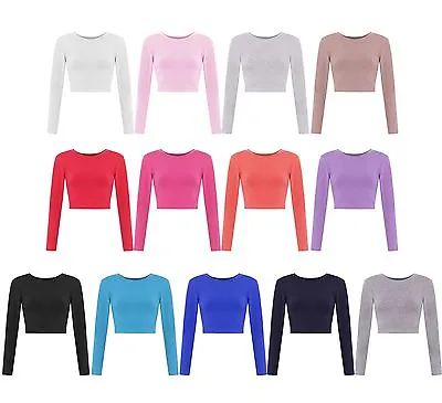 Buy New Womens Crop Basic Long Sleeve T Shirt Ladies Short Plain Round Neck Top 8-14 • 4.99£