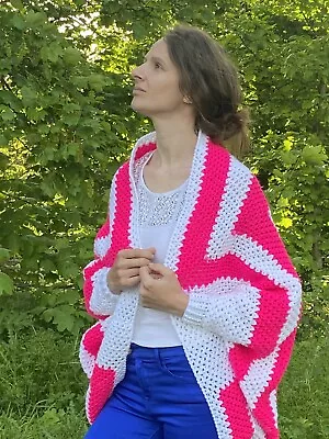 Buy Unique Crochet  Handmade Cocoon Sport Jacket Cardigan Wrap Bohemian Oversiz Pink • 35.99£
