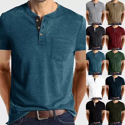 Buy Men Short Sleeve T-shirt Casual Henley Grandad V Neck Button Solid Tee Shirt Top • 15.29£