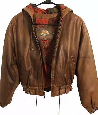Buy Vtg 80s 90s Womens Hooded Leather Bomber Jacket XS Pockets Adventure Bound • 87.98£