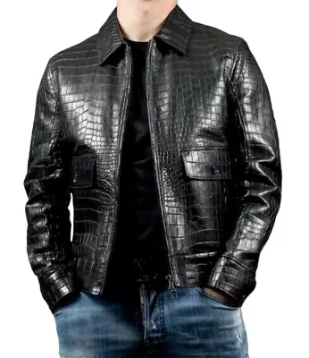Buy Mens Real Leather Crocodile Embossed Jacket Biker Black Alligator Print Jacket | • 91.64£