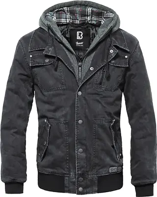 Buy Brandit Dayton Mens Biker Jacket Long Sleeve Hooded Hiking Parka Washed Black • 94.90£