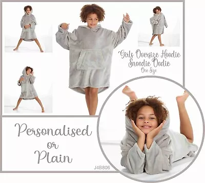 Buy Personalised Kids Girls Oversized Hoodie Dressing Gown Pink / Grey Onesize • 13.99£