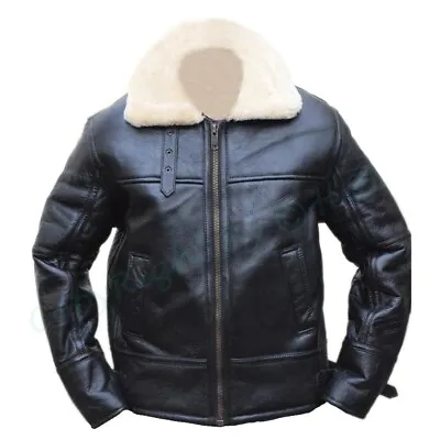 Buy Mens RAF Flying Aviator Real Shearling Fur Bomber Black Winter Leather Jacket M • 144.84£