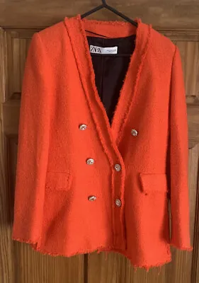 Buy Zara Bright Orange Double Breasted Tweed Rhinestone Jacket-Size S (worn Once) • 14.20£