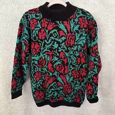 Buy Vintage Sweater Women’s 80s Spunky Green Black Red Flowers Christmas Sparkle • 28.59£