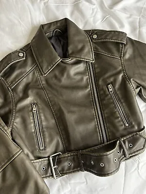 Buy Faux Leather Oversized Olive Khaki Green / Black Cropped Leather Jacket Zar • 44.99£