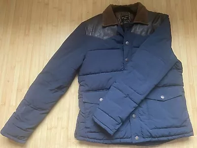 Buy Mens Button Up River Island Puffer Jacket Blue Brown With Corduroy Collar Medium • 6.99£
