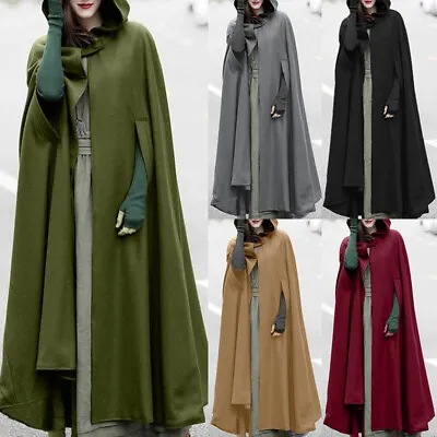Buy Women Hooded Long Cape Cloak Coat Ladies Jacket Outerwear Poncho Medieval Robe • 20.89£