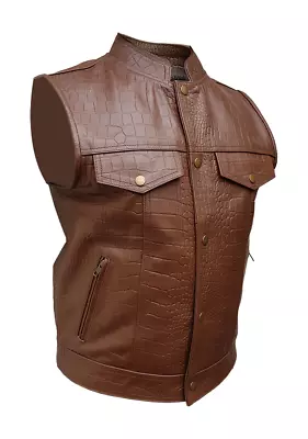 Buy Mens Motorcycle Bikers Vest Brown Crocodile Print Leather Waistcoat Jacket • 65.99£