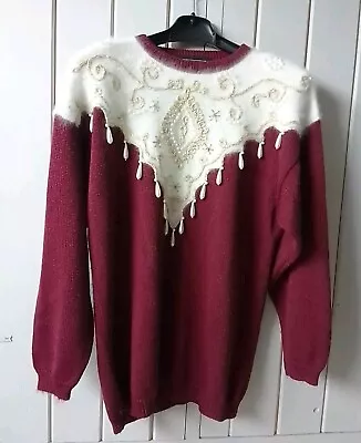 Buy Vintage 80s Casamia Jumper Burgundy Embroidered Beaded Grandma Funky Fuzzy OS • 18.80£