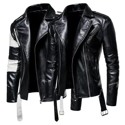 Buy Men Motorcycle Cowhide Leather Jacket Slim Fit Buckle Splice Biker Outdoor New • 54.83£