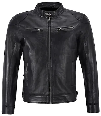 Buy Men Black Biker Leather Jacket Black Soft Sheep Skin Leather Real Leather Jacket • 15£