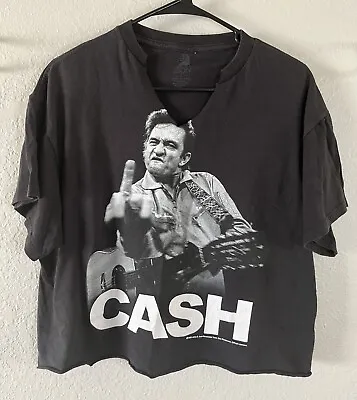 Buy Johnny Cash L Cropped Middle Finger Black T-Shirt Faded Man In Black Flips Bird • 12.55£
