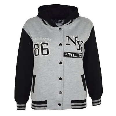 Buy Kids Girls Baseball NYC ATHLETIC Grey Hooded Jacket Varsity Hoodie Age 5-13 Year • 11.99£