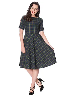 Buy Women's Green Check Vintage Retro Rockabilly Fit And Flare Dress BANNED Apparel • 44.99£