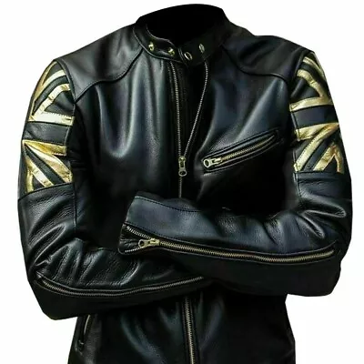 Buy Mens Black Motorcycle Cafe Racer Slim Fit Casual UK Flag Union Leather Jacket • 68.88£