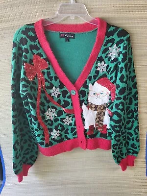 Buy 33 Degrees Christmas Cardigan Sweater Womens Small Cat Sequins Red Green • 17.01£