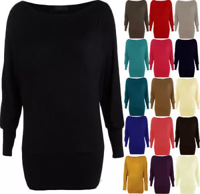 Buy Womens Batwing Basic Long Sleeve Ladies Plain Stretch T-Shirt Top Size UK 8-26 • 9.49£