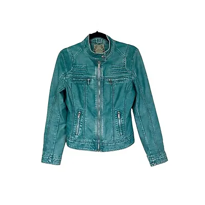 Buy Downtown Coalition Women's Faux Leather Jacket Teal Blue Size Small Zip Pockets • 25£