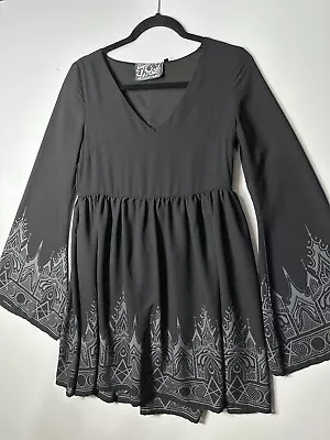 Buy Killstar Dress Size XS Black Gray Print Long Bell Sleeve Duchess Mourning RARE • 37.79£