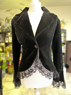 Buy Black Gothic Victorian Velvety Feel Jacket, Lace Trim & Ribbon Detail, Chic Star • 45£