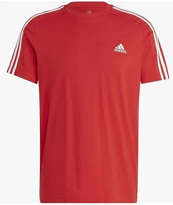 Buy Mens Adidas Essentials 3 Stripe Red Crewneck T-shirt - LARGE BNWT • 14.99£