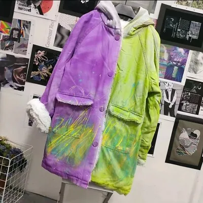 Buy Hand-Painted Split-Color Hooded Denim Jacket With Splatter-Thick Lined Half • 76.17£