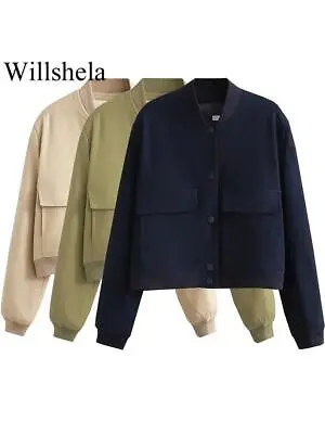 Buy Women Fashion Solid Bomber Jackets Coat With Pockets V-Neck Single Breasted • 33.07£