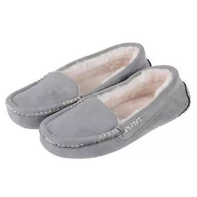 Buy Ladies Moccasin Slippers Microsuede Faux Fur Lining Stitched Detail Hard Sole • 19.99£