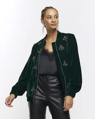 Buy River Island Womens Green Bomber Velvet Jacket Size L • 18£
