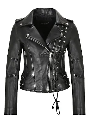 Buy Ladies Biker Jacket Side Laced Stylish Real Leather Gothic Slim Fit Jacket 9755 • 116.76£